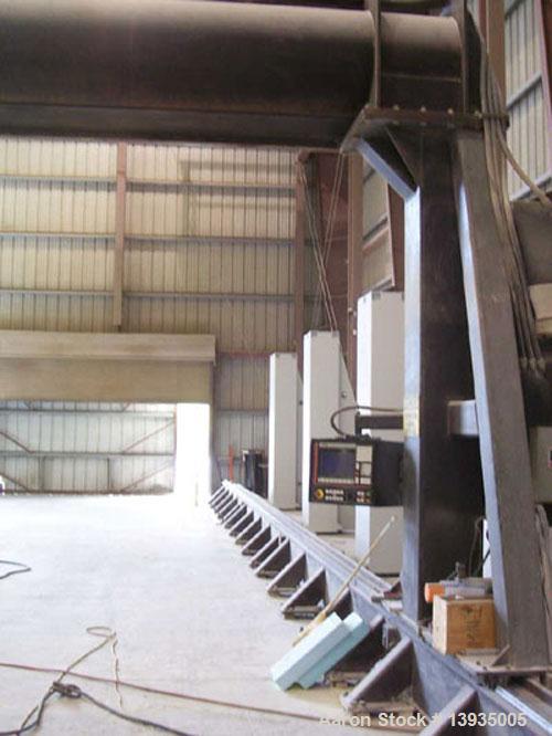 Used Motionmaster 5 axis CNC router. Track system: X axis travel 65', Y axis travel 19', Z axis travel 10'; one spindle, 7 hp Perske motor, Fagor controls; wired remote with start, stop and feed rate...