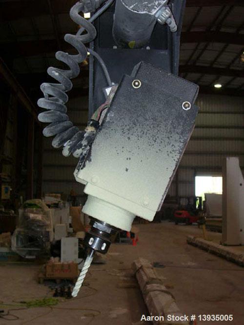 Used Motionmaster 5 axis CNC router. Track system: X axis travel 65', Y axis travel 19', Z axis travel 10'; one spindle, 7 hp Perske motor, Fagor controls; wired remote with start, stop and feed rate...