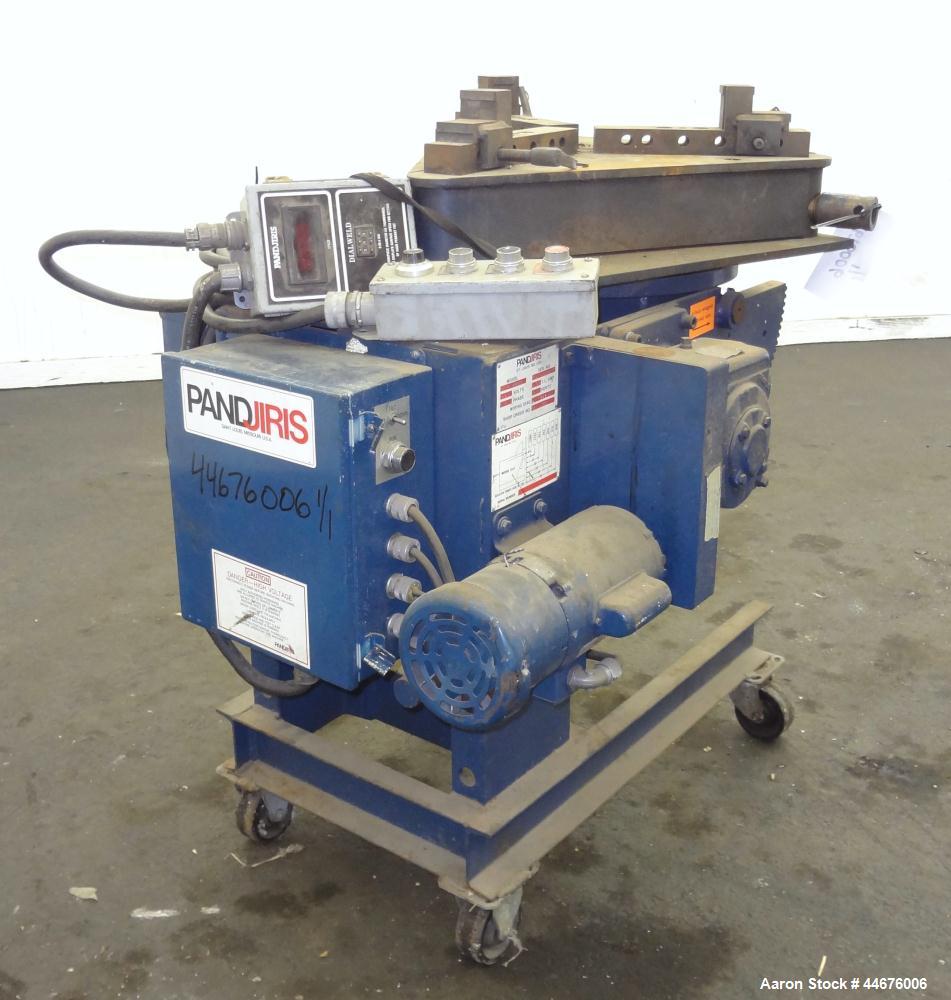 Used Pandjiris Welding Positioner, Model 15-4. Approximate 1,500 pound capacity 4” overhung from face of table, swing radius 20” at 90 degree tilt, rotational speed from 0.08 to 1.60 rpm, tilt range ...