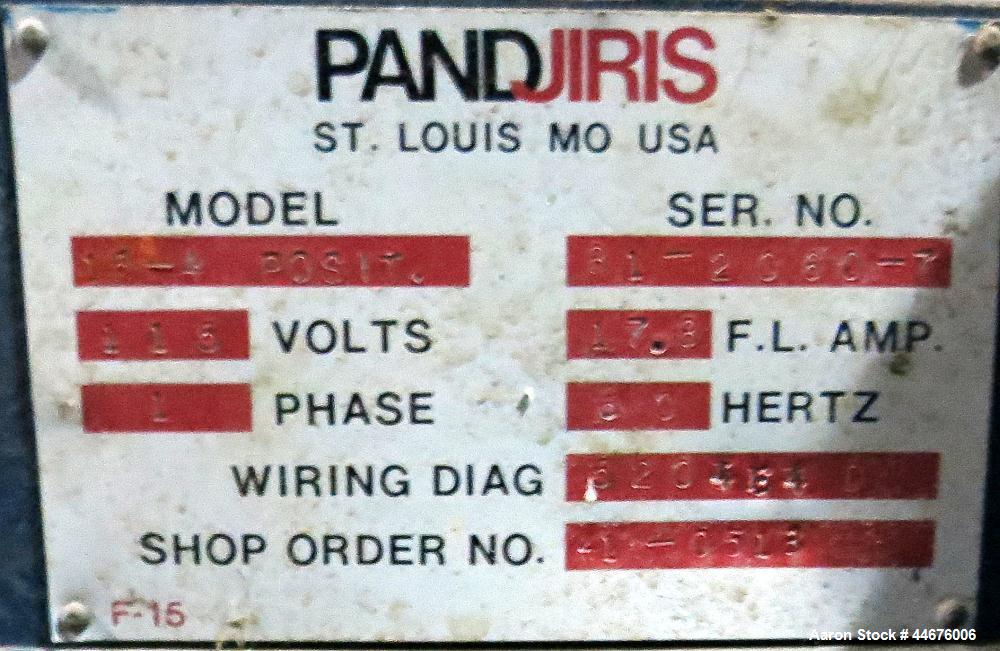 Used Pandjiris Welding Positioner, Model 15-4. Approximate 1,500 pound capacity 4” overhung from face of table, swing radius 20” at 90 degree tilt, rotational speed from 0.08 to 1.60 rpm, tilt range ...