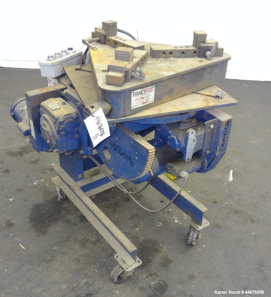 Used Pandjiris Welding Positioner, Model 15-4. Approximate 1,500 pound capacity 4” overhung from face of table, swing radius 20” at 90 degree tilt, rotational speed from 0.08 to 1.60 rpm, tilt range ...