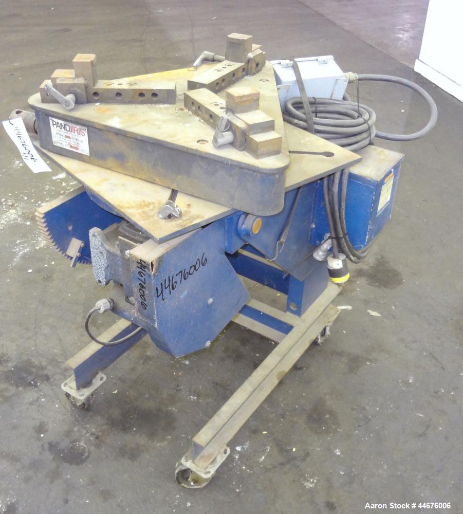 Used Pandjiris Welding Positioner, Model 15-4. Approximate 1,500 pound capacity 4” overhung from face of table, swing radius 20” at 90 degree tilt, rotational speed from 0.08 to 1.60 rpm, tilt range ...