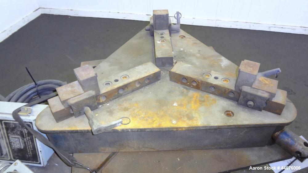 Used Pandjiris Welding Positioner, Model 15-4. Approximate 1,500 pound capacity 4” overhung from face of table, swing radius 20” at 90 degree tilt, rotational speed from 0.08 to 1.60 rpm, tilt range ...