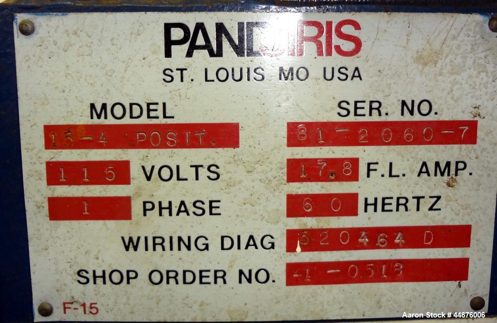Used Pandjiris Welding Positioner, Model 15-4. Approximate 1,500 pound capacity 4” overhung from face of table, swing radius 20” at 90 degree tilt, rotational speed from 0.08 to 1.60 rpm, tilt range ...