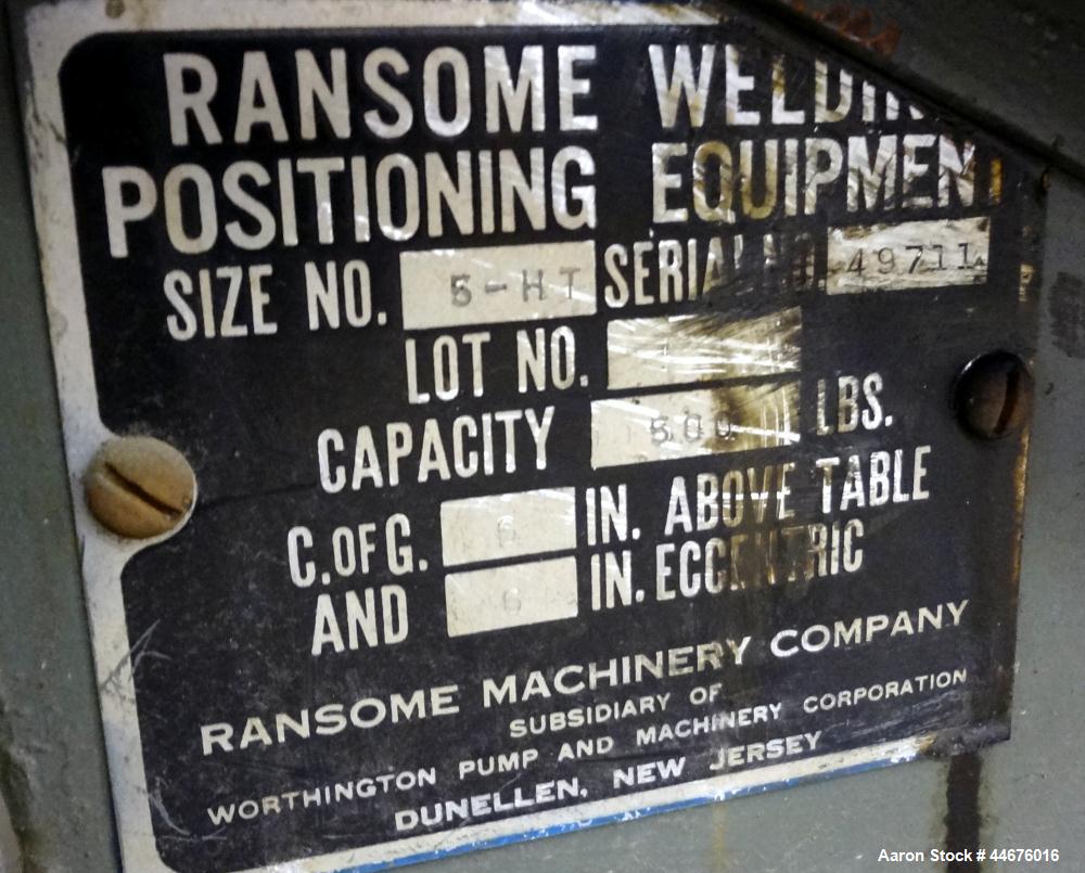 Used Ransome Welding Positioner, Size 5-HT. Approximate 500 pound capacity, foot pedal, and pendant control. Mounted on a frame with casters.