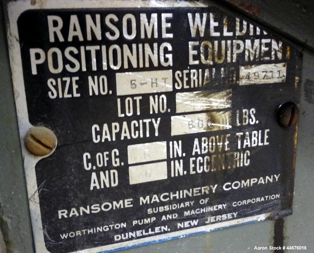 Used- Ransome Welding Positioner, Size 5-HT. Approximate 500 pound capacity, foot pedal, and pendant control. Mounted on a f...