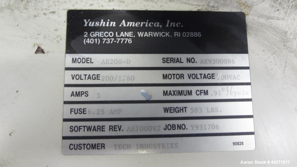 Used Yushin America Airliner AE-200D Robot. With a servo traverse and two pneumatic axes. Includes a model YC-3000 portable controller. Built 1993.