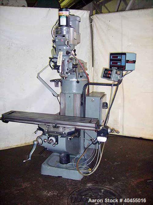 Used- Bridgeport Series I vertical milling machine. Table size 9" x 48". Table travels: logitudinal 36", cross 12", quill tr...