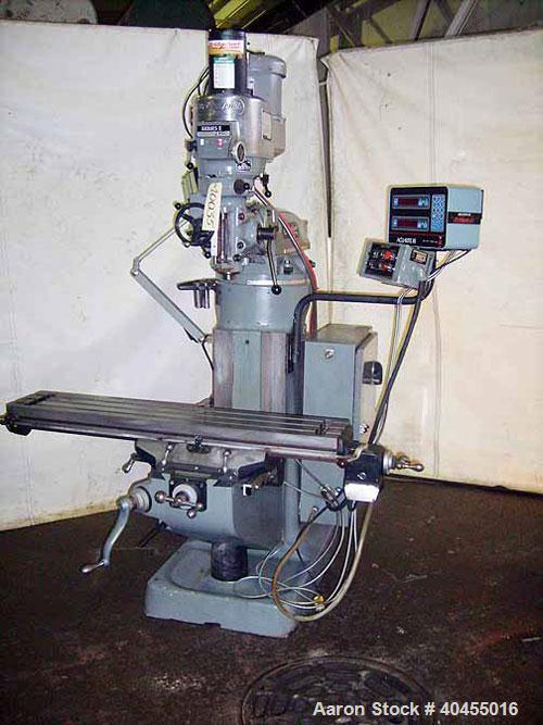 Used Bridgeport Series I vertical milling machine. Table size 9" x 48". Table travels: logitudinal 36", cross 12", quill travel 5", knee travel 16". Spindle speeds 4200 (variable). Spindle taper R8. ...