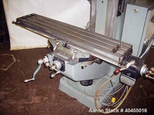 Used Bridgeport Series I vertical milling machine. Table size 9" x 48". Table travels: logitudinal 36", cross 12", quill travel 5", knee travel 16". Spindle speeds 4200 (variable). Spindle taper R8. ...