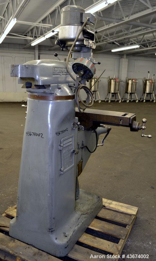 Used Bridgeport Machines Series 1 Knee Mill.  Spindle speeds 80- 2720 (variable). Table size 9” deep x 42” wide. Driven by a 1 hp, 3/60/208-220 volt, 1730 rpm motor.