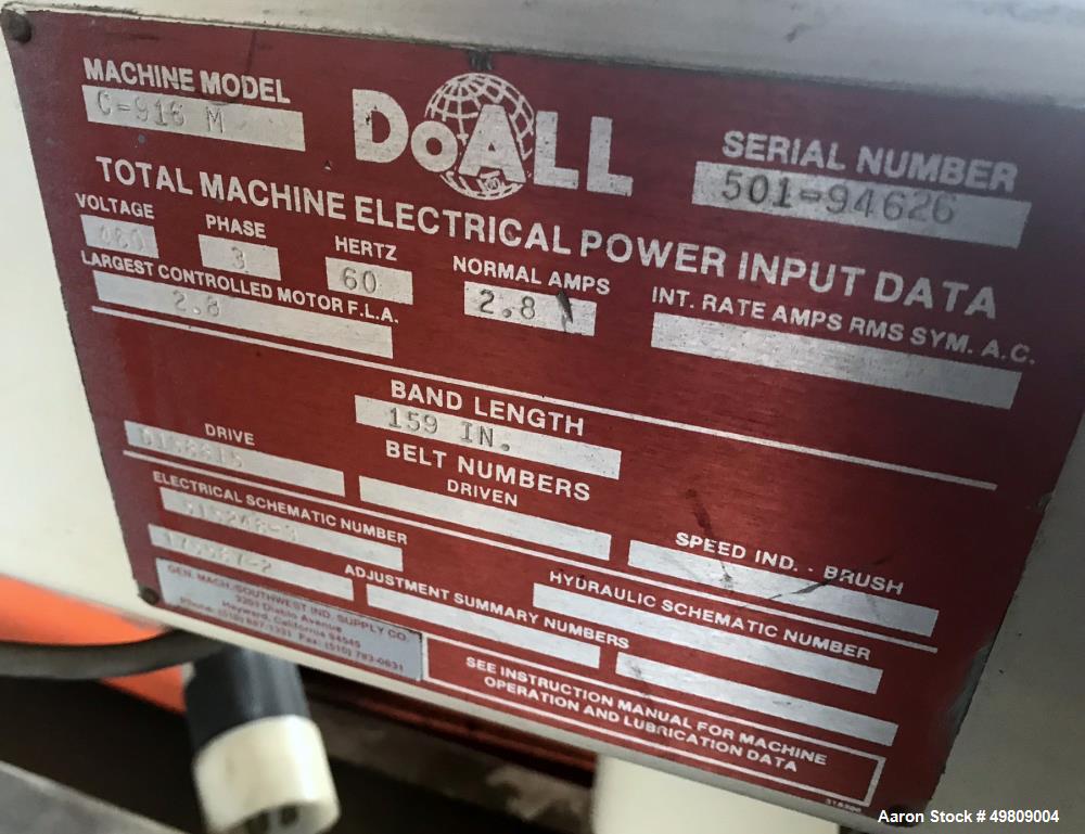 Used- DoAll General Purpose Manual Horizontal Bandsaw, Model C-916 M.