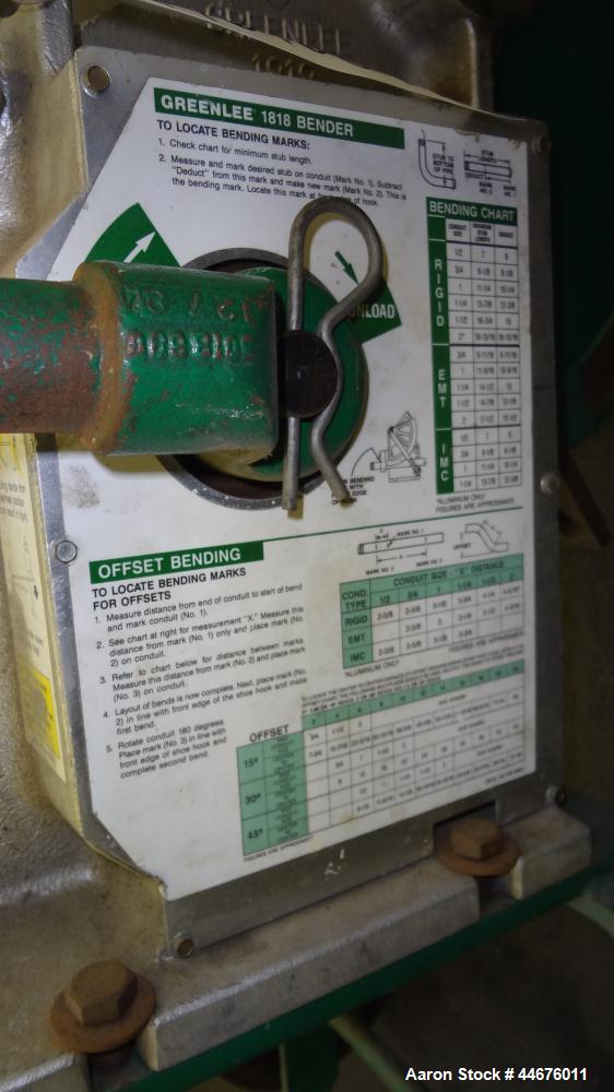 Used Greenlee Mechanical Pipe Bender, Model 1818.  EMT capacity 3/4" - 2", rigid capacity 1/2" - 1-1/2", IMC capacity 1/2" - 1-1/4", aluminum 1/2" - 1-1/2".  Mounted on wheels.