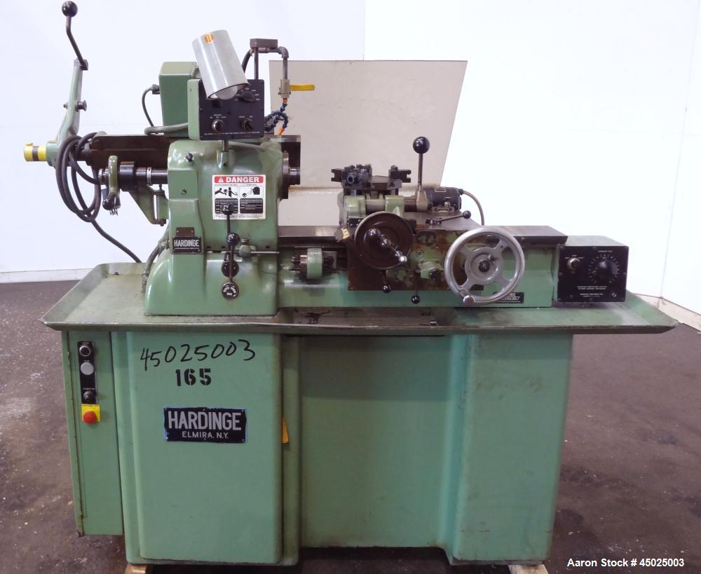 Used Hardinge HC Lathe. Approximate spindle capacity jaw chucks 5" max. Distance, face of turret to spindle, 13". Spindle speeds (variable) 125-3000 rpm. Spindle nose 2-3/16" /10. RH cross slide trav...
