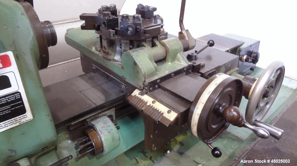 Used Hardinge HC Lathe. Approximate spindle capacity jaw chucks 5" max. Distance, face of turret to spindle, 13". Spindle speeds (variable) 125-3000 rpm. Spindle nose 2-3/16" /10. RH cross slide trav...
