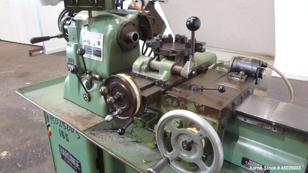 Used Hardinge HC Lathe. Approximate spindle capacity jaw chucks 5" max. Distance, face of turret to spindle, 13". Spindle speeds (variable) 125-3000 rpm. Spindle nose 2-3/16" /10. RH cross slide trav...