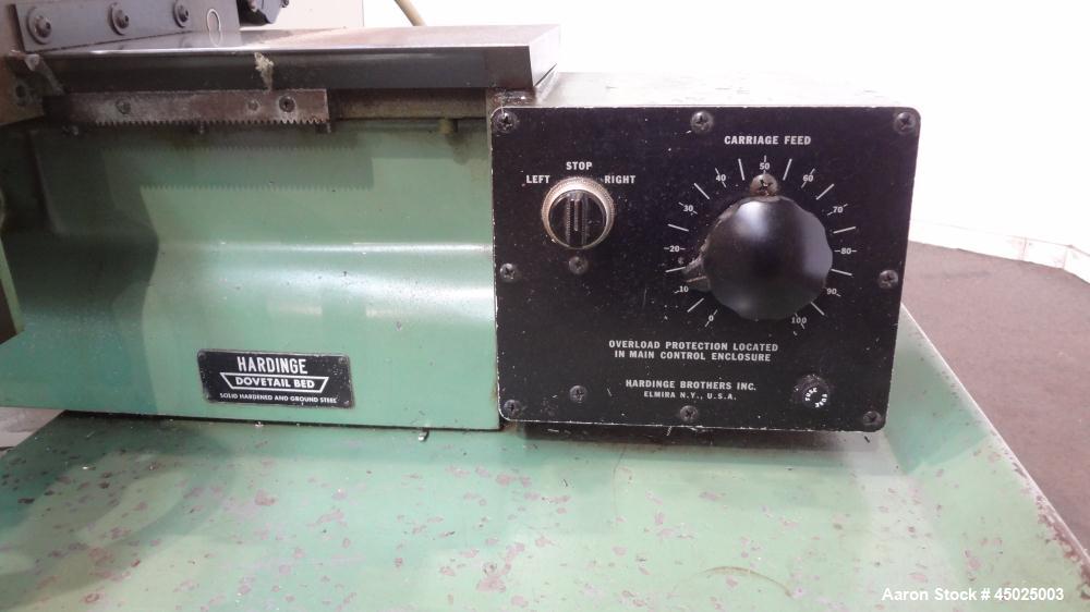 Used Hardinge HC Lathe. Approximate spindle capacity jaw chucks 5" max. Distance, face of turret to spindle, 13". Spindle speeds (variable) 125-3000 rpm. Spindle nose 2-3/16" /10. RH cross slide trav...