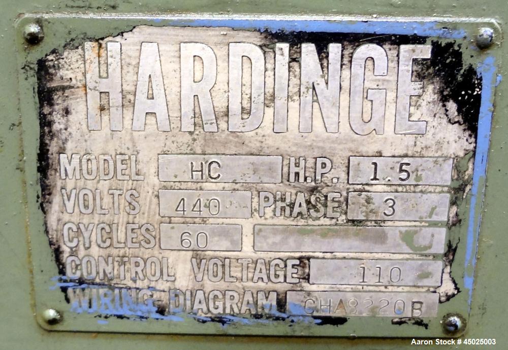 Used Hardinge HC Lathe. Approximate spindle capacity jaw chucks 5" max. Distance, face of turret to spindle, 13". Spindle speeds (variable) 125-3000 rpm. Spindle nose 2-3/16" /10. RH cross slide trav...