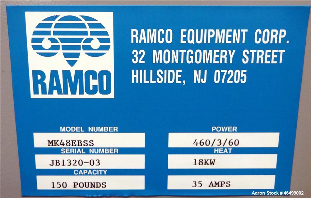 Used Ramco Equipment Migi-Kleen Parts Dryer, Model MK48EBSS, 304 Stainless Steel. 150 Pound capacity, heating rated 18 kw. Working zone 46" long x 21" wide x 16" deep, internal tank 48" long x 26" wi...