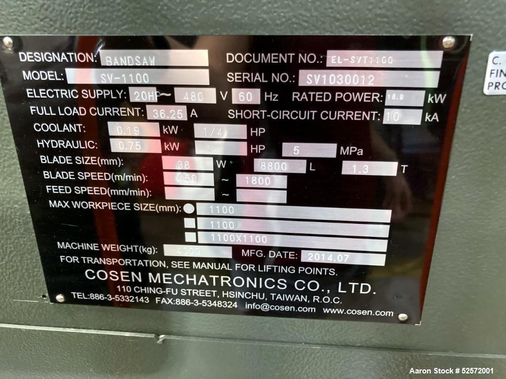 Unused- Cosen Semi-Automatic Traveliong-Table Vertical Band Saw.  Model SV-1100, 43" x 43", New 2014, EQUIPPED WITH: Control...