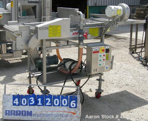 Used Stein all purpose batter applicator, model APB-24, 304 stainless steel. 24" wide x 96" long wire mesh belt, driven by an approximately 1 hp gearmotor. Dual curtain overflow with overflow and a 1...