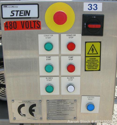 Used Stein all purpose batter applicator, model APB-24, 304 stainless steel. 24" wide x 96" long wire mesh belt, driven by an approximately 1 hp gearmotor. Dual curtain overflow with overflow and a 1...