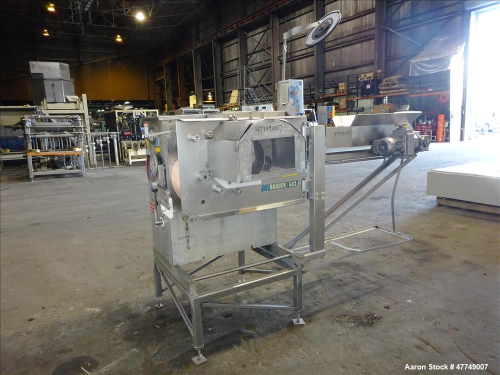 Used Baader Food Processing Machinery Soft Separator, Type 603, Stainless Steel. Approximate 6" wide x 50" long plastic belt in feed. Last used separating plastic wrappers off of cheese slices. Mount...