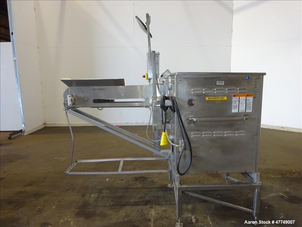 Used Baader Food Processing Machinery Soft Separator, Type 603, Stainless Steel. Approximate 6" wide x 50" long plastic belt in feed. Last used separating plastic wrappers off of cheese slices. Mount...