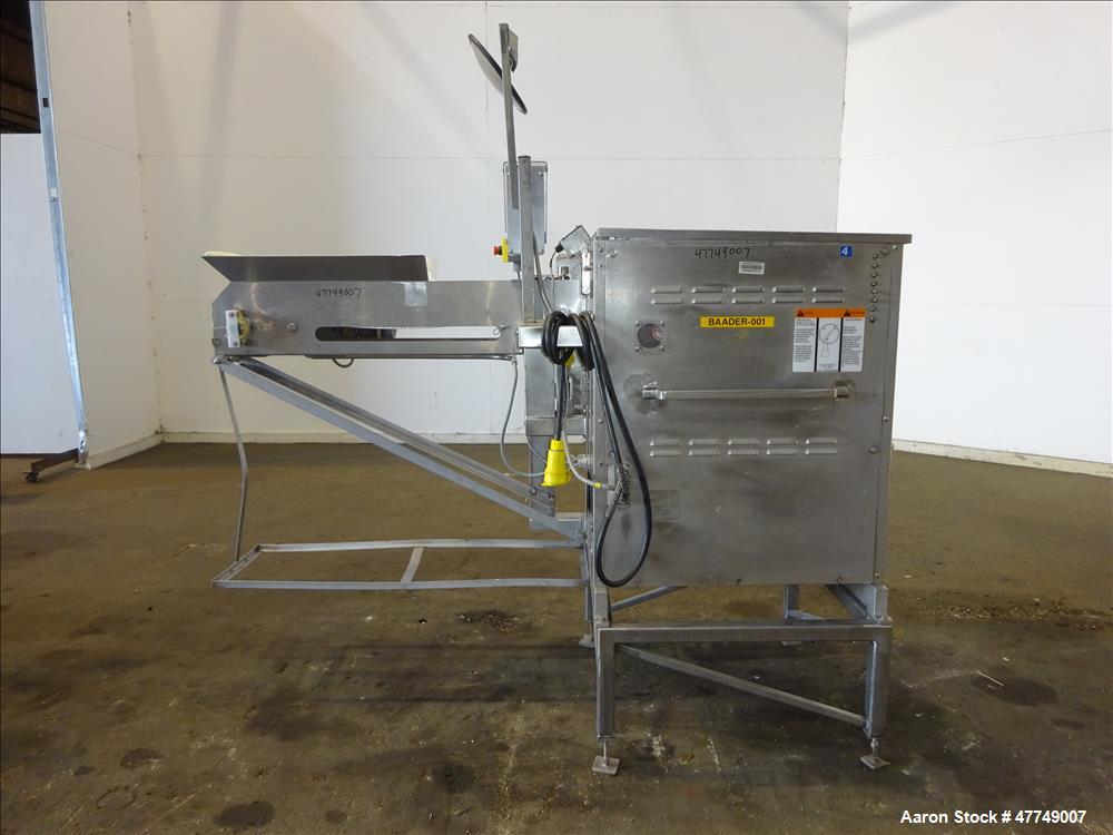 Used Baader Food Processing Machinery Soft Separator, Type 603, Stainless Steel. Approximate 6" wide x 50" long plastic belt in feed. Last used separating plastic wrappers off of cheese slices. Mount...