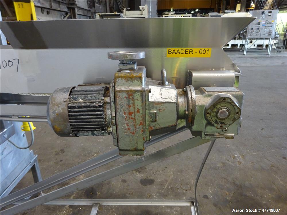 Used Baader Food Processing Machinery Soft Separator, Type 603, Stainless Steel. Approximate 6" wide x 50" long plastic belt in feed. Last used separating plastic wrappers off of cheese slices. Mount...