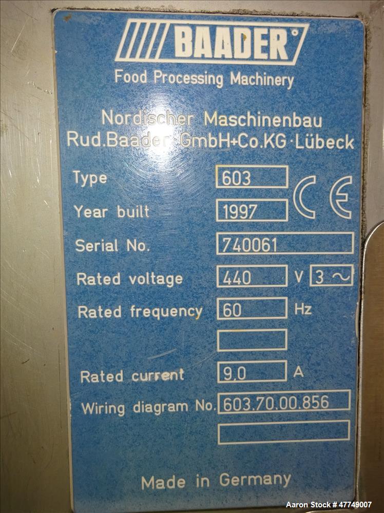 Used Baader Food Processing Machinery Soft Separator, Type 603, Stainless Steel. Approximate 6" wide x 50" long plastic belt in feed. Last used separating plastic wrappers off of cheese slices. Mount...