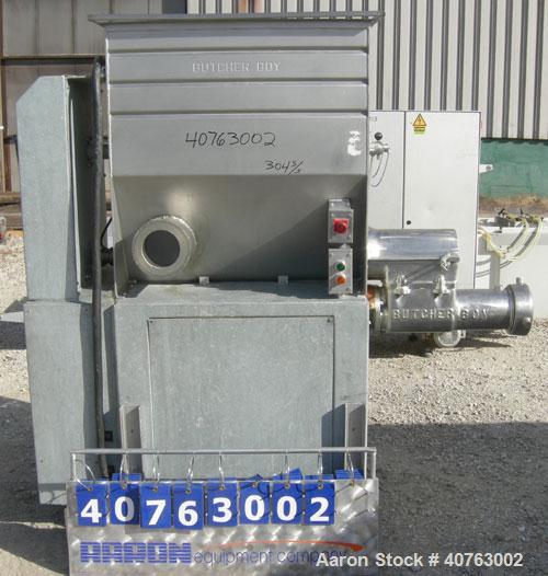 Used Butcher Boy Agitated Meat Grinder, Model 500/56, 304 stainless steel. Approximate 500 pound mixing capacity. Top feed hopper 24" wide x 36" long x 39" deep with mixer paddle assembly, driven by ...