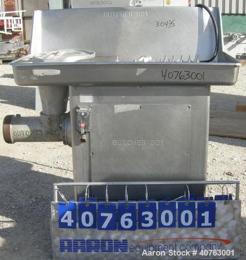 Used Butcher Boy Meat Grinder, Model A56.HF, 304 stainless steel. Top tray 49 1/2" wide x 27" long x approximately 6" deep. Straight barrel, (2) feed screws. Driven by a 5 hp, 3/60/230/460 volt, 1730...