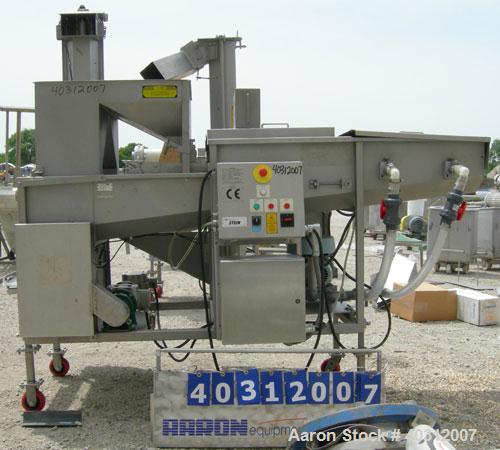 Used Stein breading applicator, model E-24J, 304 stainless steel. "J" configuration. Breader capacity 50-90 pounds. 25" wide x 96" long wire mesh belt, driven by a 2 hp, 3/60/230/460 volt, 1725 rpm g...