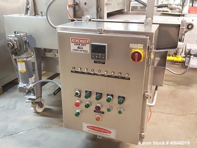 Used Heat & Control Rotary Brander. Continuously brand grill marks to the top of products. 20" wide stainless steel mesh conveyor belt, 27" in hood chamber, 63" overall length. Baldor 1/3 hp motor wi...