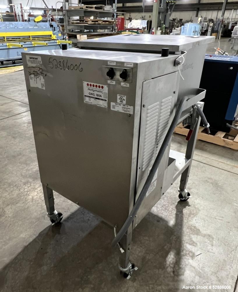 Used Hollymatic Mixer Grinder, Model 180A , 304 Stainless Steel construction. 225lbs Capacity hopper, #52 grinder head. Approximate 23-3/4" wide x 20" long x 26" deep trough, with top hinged cover. A...