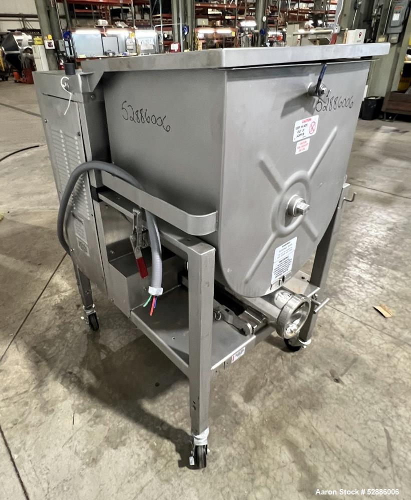 Used Hollymatic Mixer Grinder, Model 180A , 304 Stainless Steel construction. 225lbs Capacity hopper, #52 grinder head. Approximate 23-3/4" wide x 20" long x 26" deep trough, with top hinged cover. A...