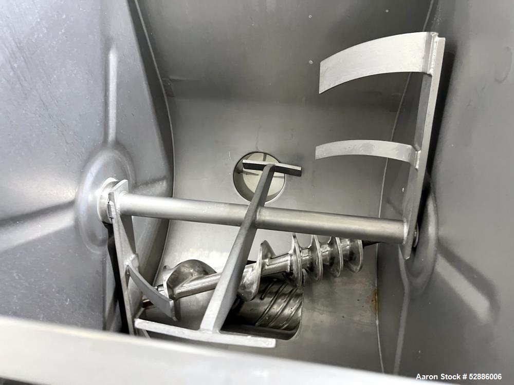 Used Hollymatic Mixer Grinder, Model 180A , 304 Stainless Steel construction. 225lbs Capacity hopper, #52 grinder head. Approximate 23-3/4" wide x 20" long x 26" deep trough, with top hinged cover. A...