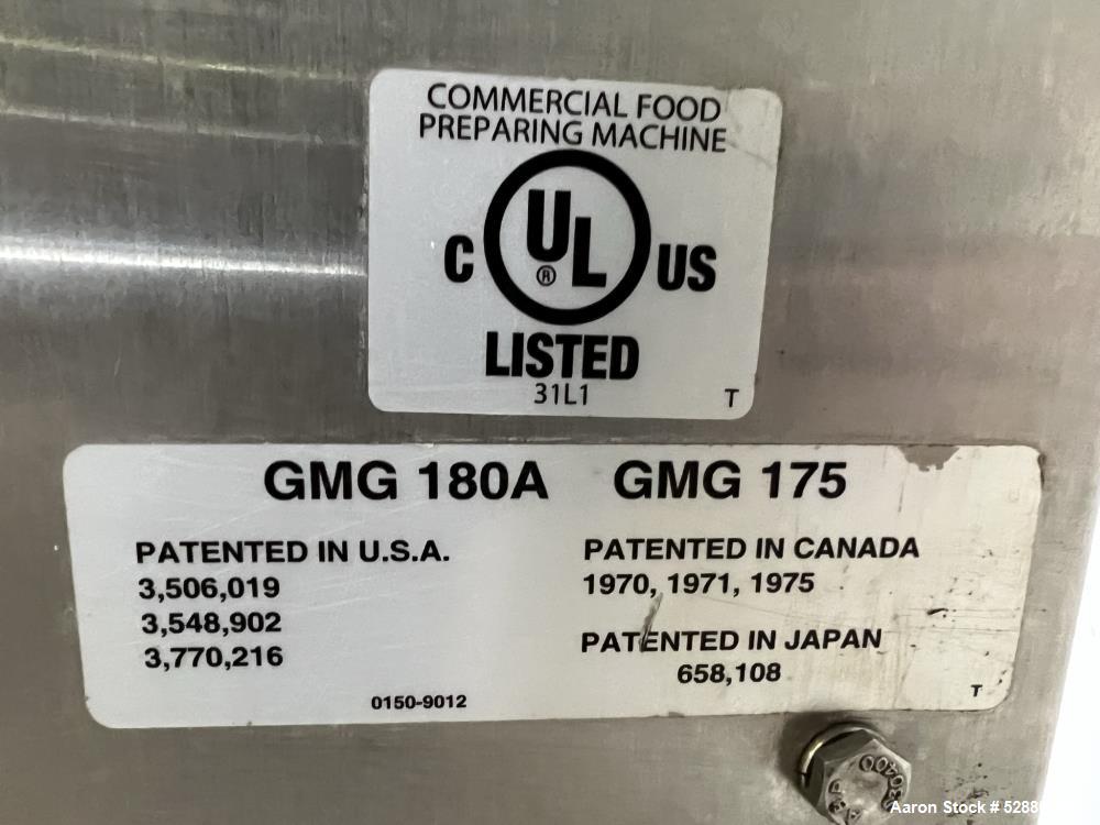 Used Hollymatic Mixer Grinder, Model 180A , 304 Stainless Steel construction. 225lbs Capacity hopper, #52 grinder head. Approximate 23-3/4" wide x 20" long x 26" deep trough, with top hinged cover. A...