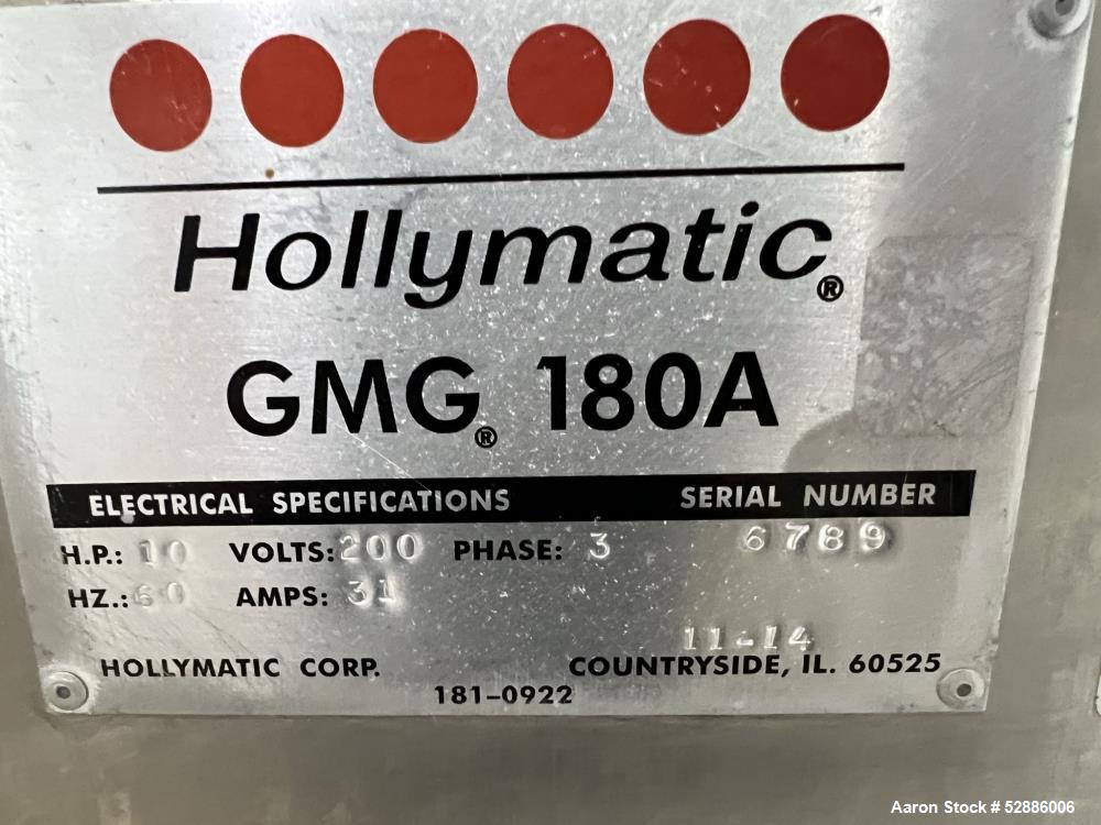 Used Hollymatic Mixer Grinder, Model 180A , 304 Stainless Steel construction. 225lbs Capacity hopper, #52 grinder head. Approximate 23-3/4" wide x 20" long x 26" deep trough, with top hinged cover. A...