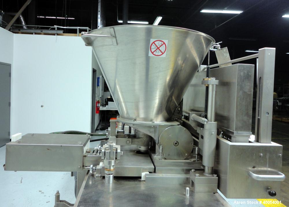 Used NuTEC Manufacturing Hydraulic Provatec 745 Patty Forming Machine. Approximately 15 to 65 strokes per minute, varies on portion size. Has hopper capacity of 400 pounds, usable mold plate area 16"...