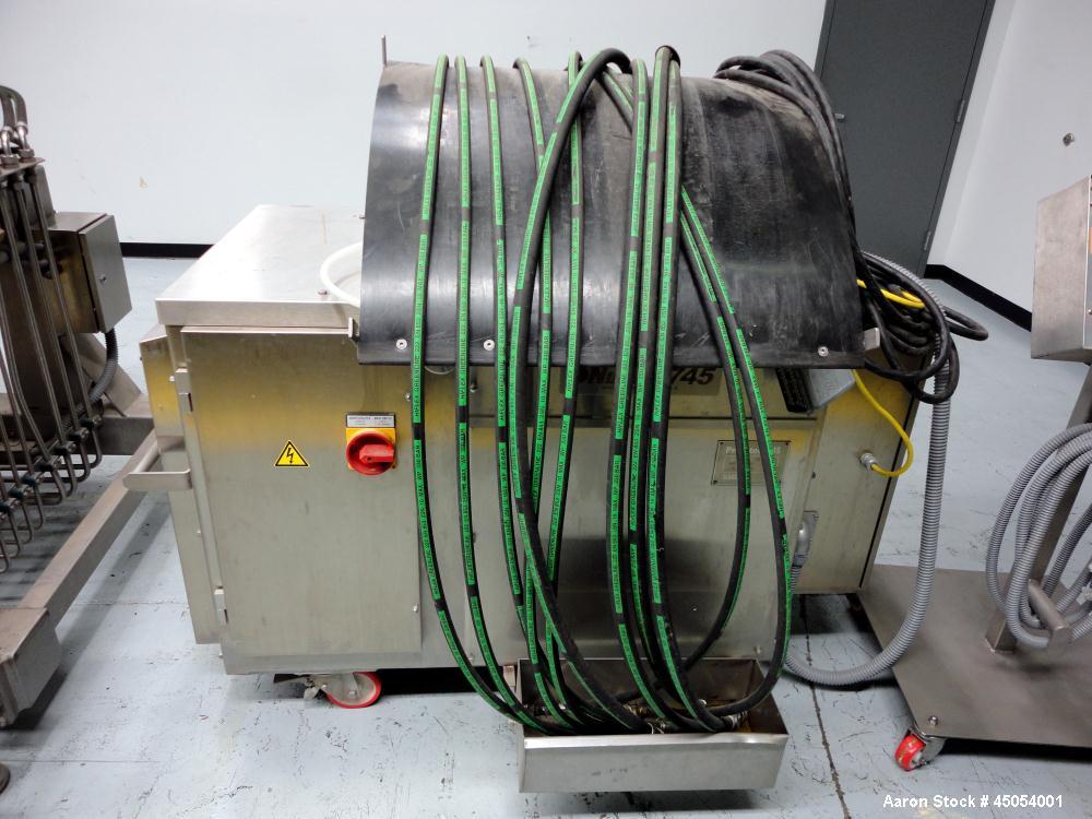 Used NuTEC Manufacturing Hydraulic Provatec 745 Patty Forming Machine. Approximately 15 to 65 strokes per minute, varies on portion size. Has hopper capacity of 400 pounds, usable mold plate area 16"...