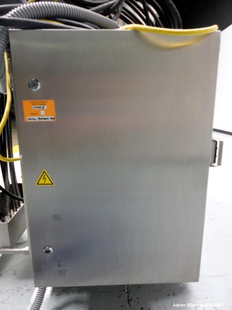 Used NuTEC Manufacturing Hydraulic Provatec 745 Patty Forming Machine. Approximately 15 to 65 strokes per minute, varies on portion size. Has hopper capacity of 400 pounds, usable mold plate area 16"...
