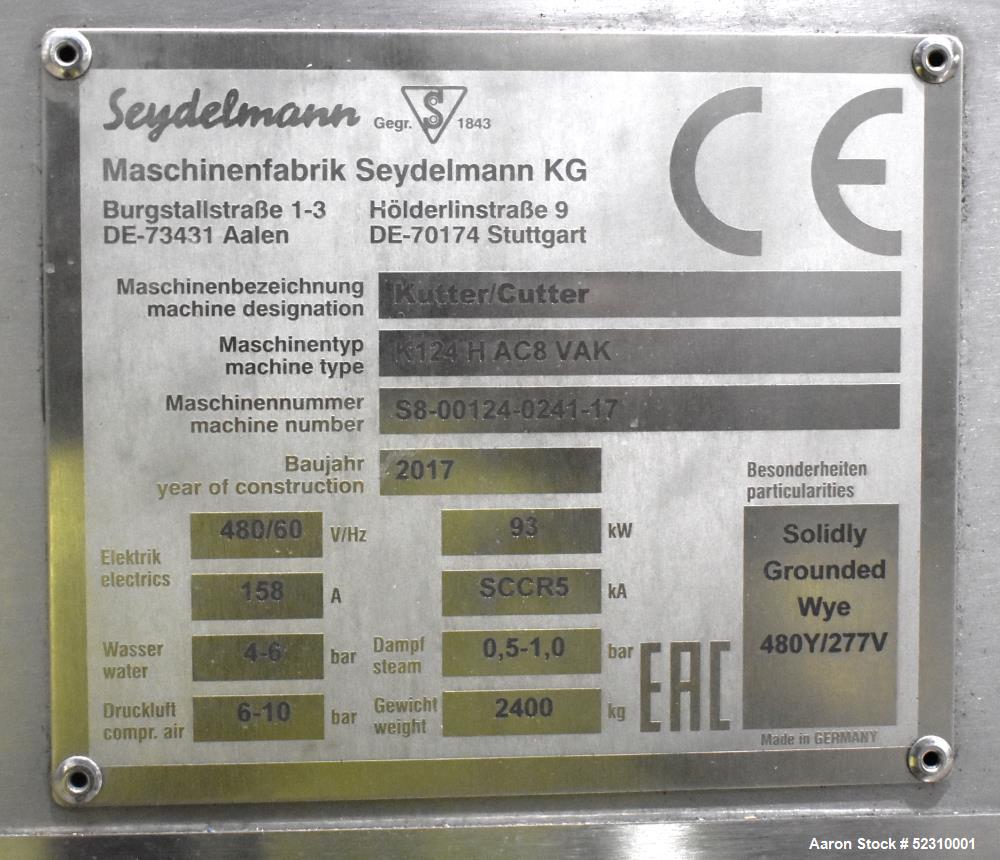 Unused- Seydelmann K 124 Vacuum-Cooking-Cutter, Model K 124 H AC8 VAK, 120 Liter capacity. Vacuum and cook capacity. All stainless steel construction. Multi speed Bowl and knives. Full set of knives,...