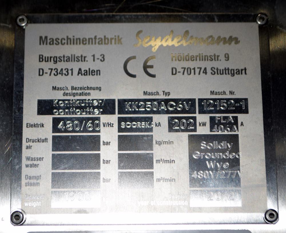 Used Seydelmann Konti-Kutter Emulsifier, Model KK 250 AC-6