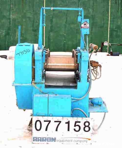 Used Horizontal Two Roll Mill. 8" Diameter x 18" long chrome plated cored rolls. Adjustable end guides, approximate distance between 14-1/4". Manual roll adjustments. Minimum roll gap is contact and ...