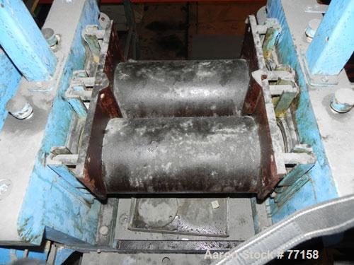 Used Horizontal Two Roll Mill. 8" Diameter x 18" long chrome plated cored rolls. Adjustable end guides, approximate distance between 14-1/4". Manual roll adjustments. Minimum roll gap is contact and ...