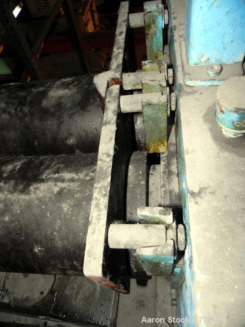 Used Horizontal Two Roll Mill. 8" Diameter x 18" long chrome plated cored rolls. Adjustable end guides, approximate distance between 14-1/4". Manual roll adjustments. Minimum roll gap is contact and ...