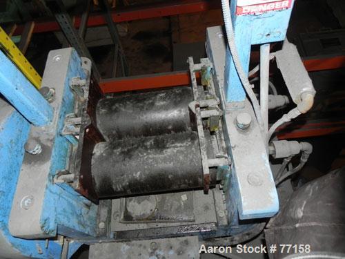 Used Horizontal Two Roll Mill. 8" Diameter x 18" long chrome plated cored rolls. Adjustable end guides, approximate distance between 14-1/4". Manual roll adjustments. Minimum roll gap is contact and ...