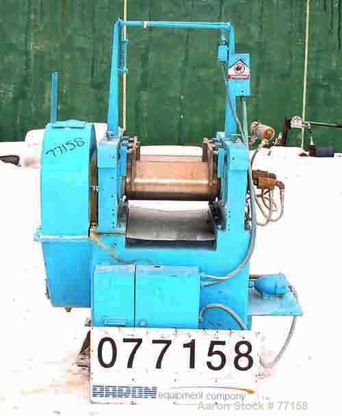 Used Horizontal Two Roll Mill. 8" Diameter x 18" long chrome plated cored rolls. Adjustable end guides, approximate distance between 14-1/4". Manual roll adjustments. Minimum roll gap is contact and ...
